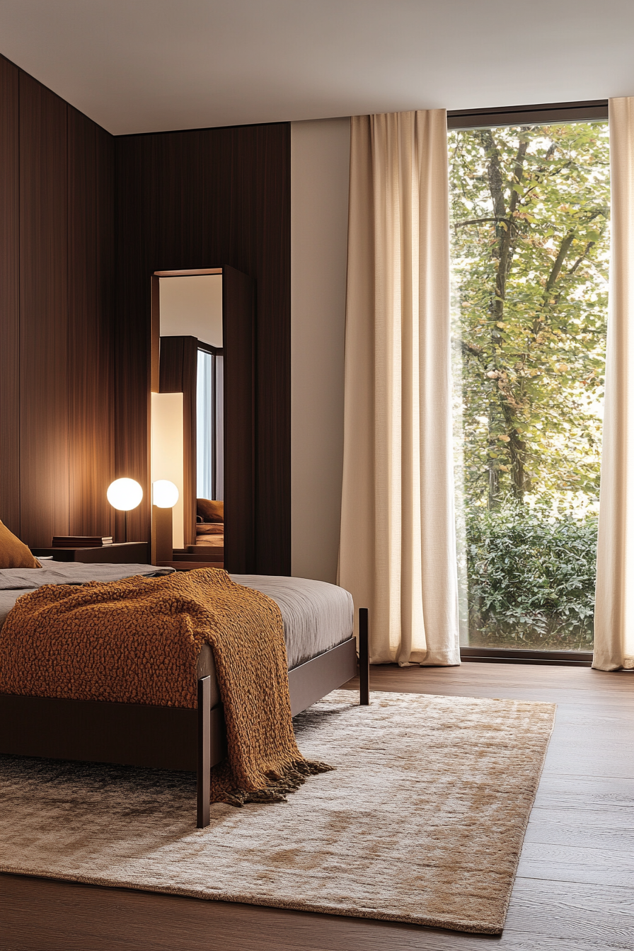 [Soft textured rug contrasting sleek, glossy furnishings]