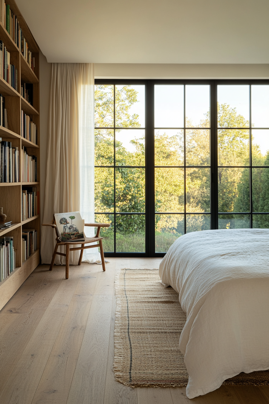 [Built-in reading nook by floor-to-ceiling windows]