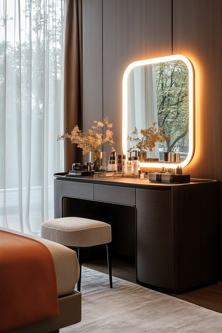[Integrated vanity table with hidden LED mirror]