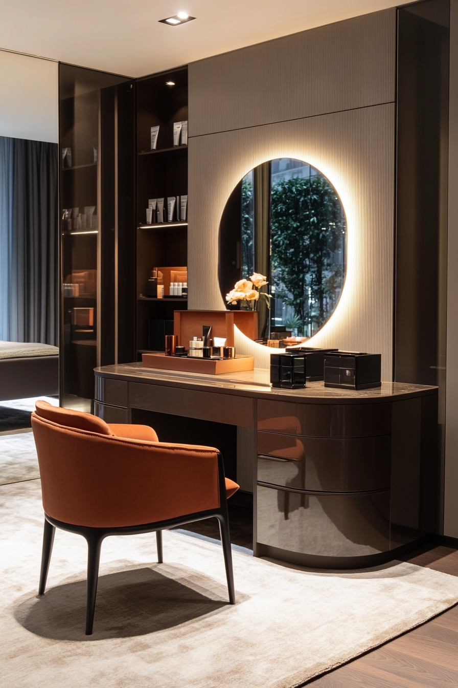 [Integrated vanity table with hidden LED mirror]
