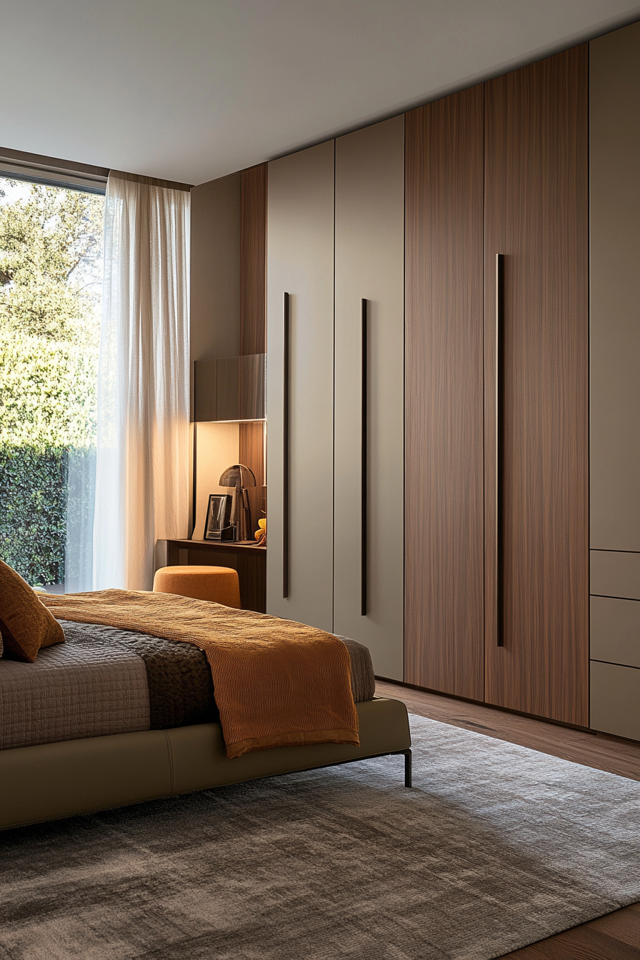 [Two-tone wardrobe design harmonizes with neutral palette]