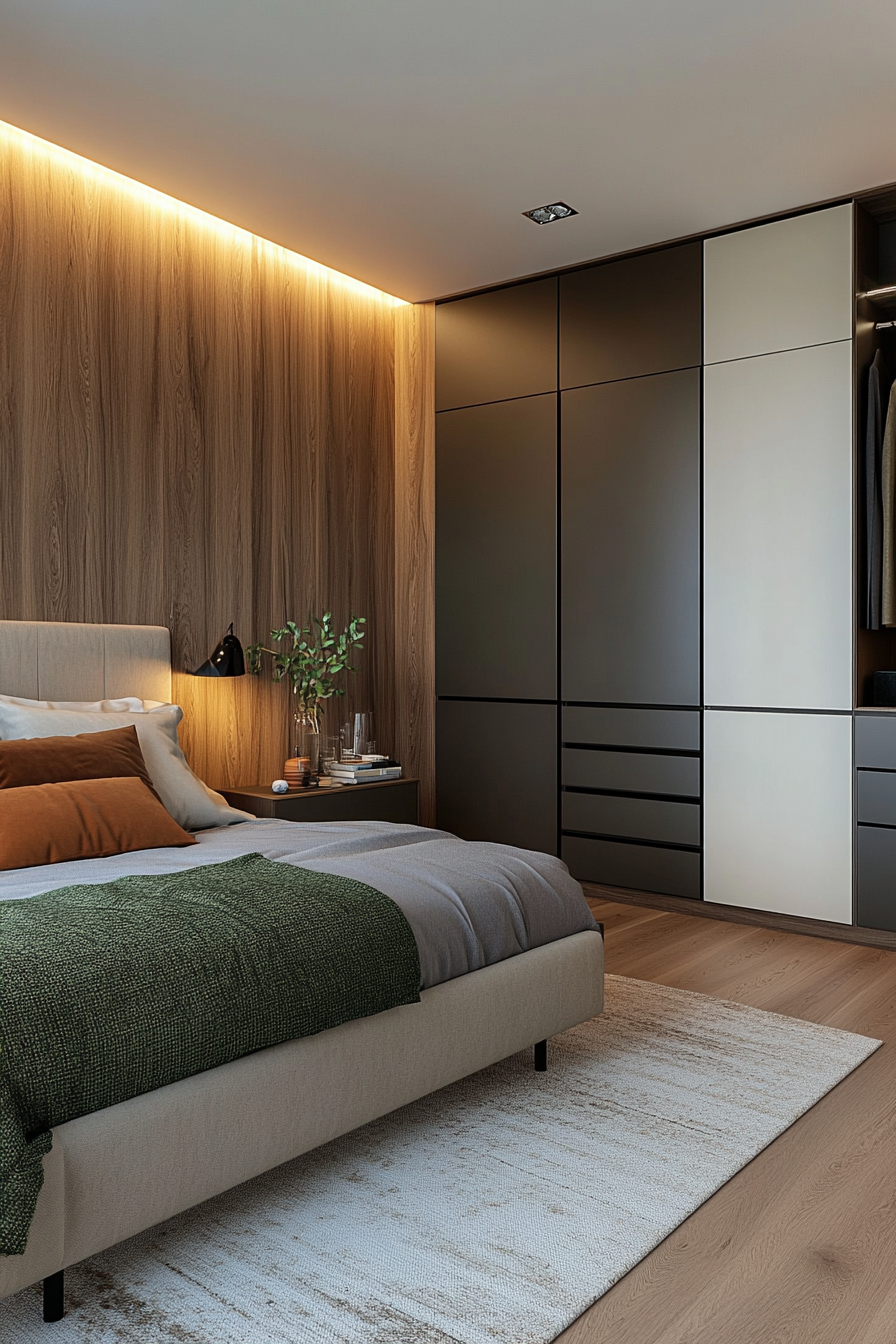 [Two-tone wardrobe design harmonizes with neutral palette]