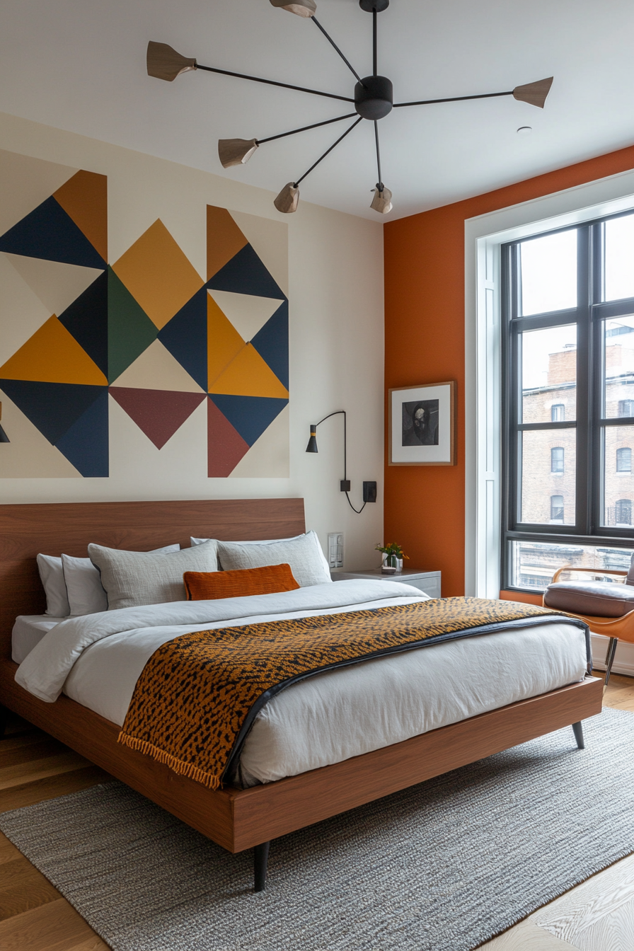 [Bold accent wall with colorful geometric wallpaper]