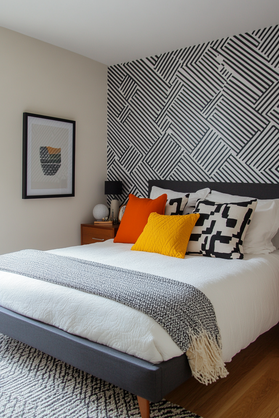 [Bold accent wall with colorful geometric wallpaper]