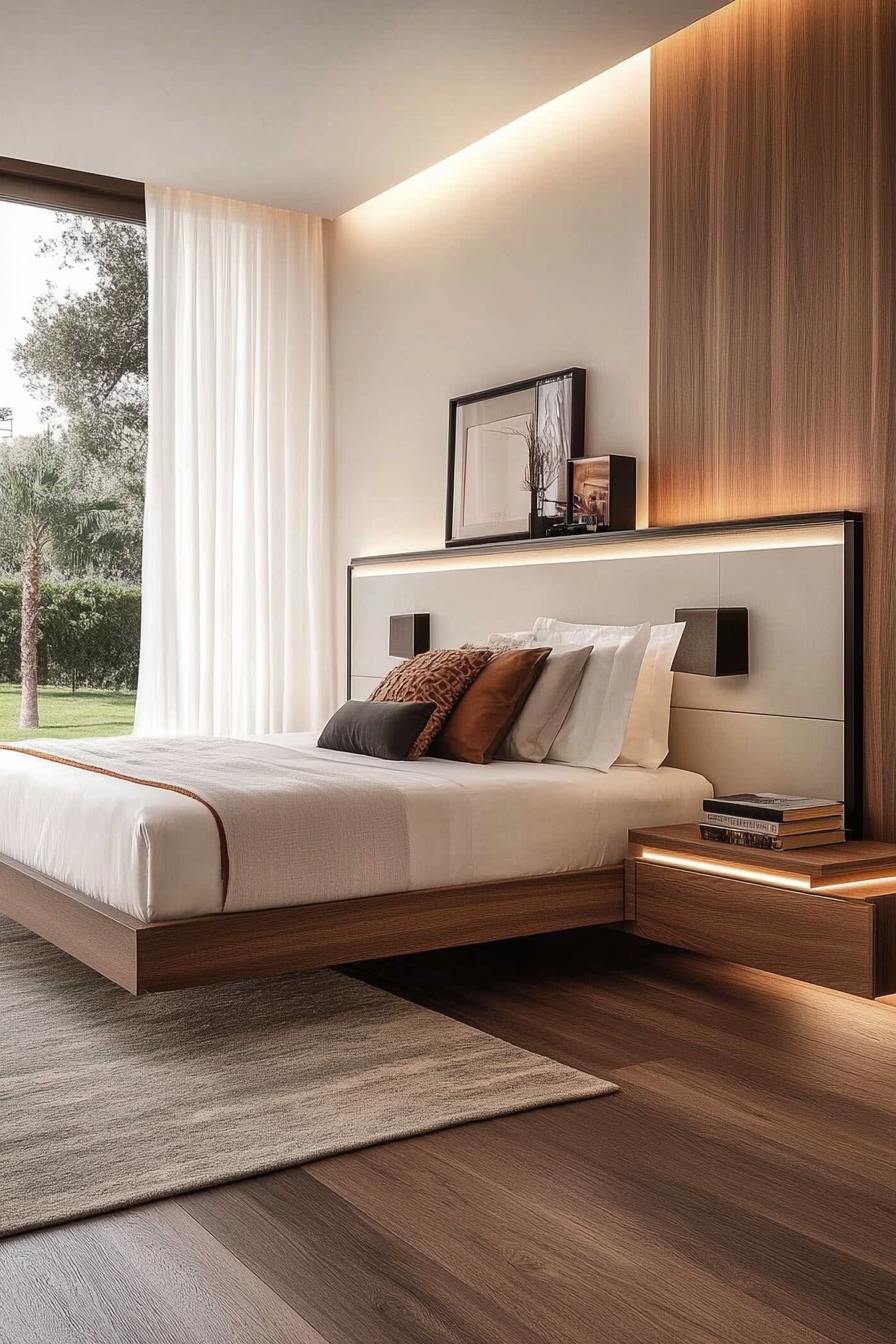 [Floating nightstands for a spacious, contemporary vibe]