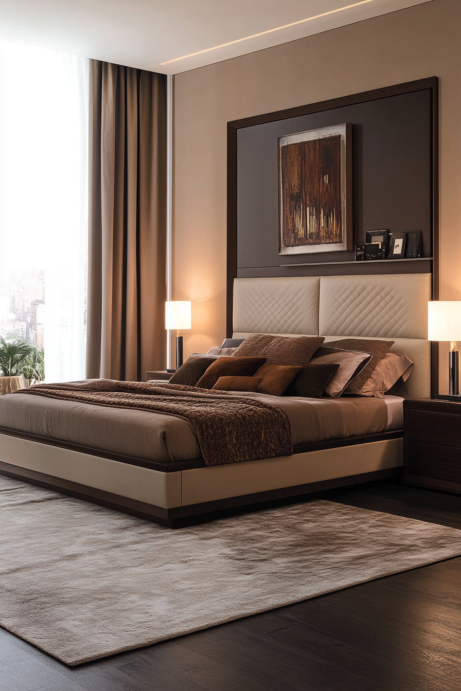 [Low-profile platform bed with upholstered headboard]