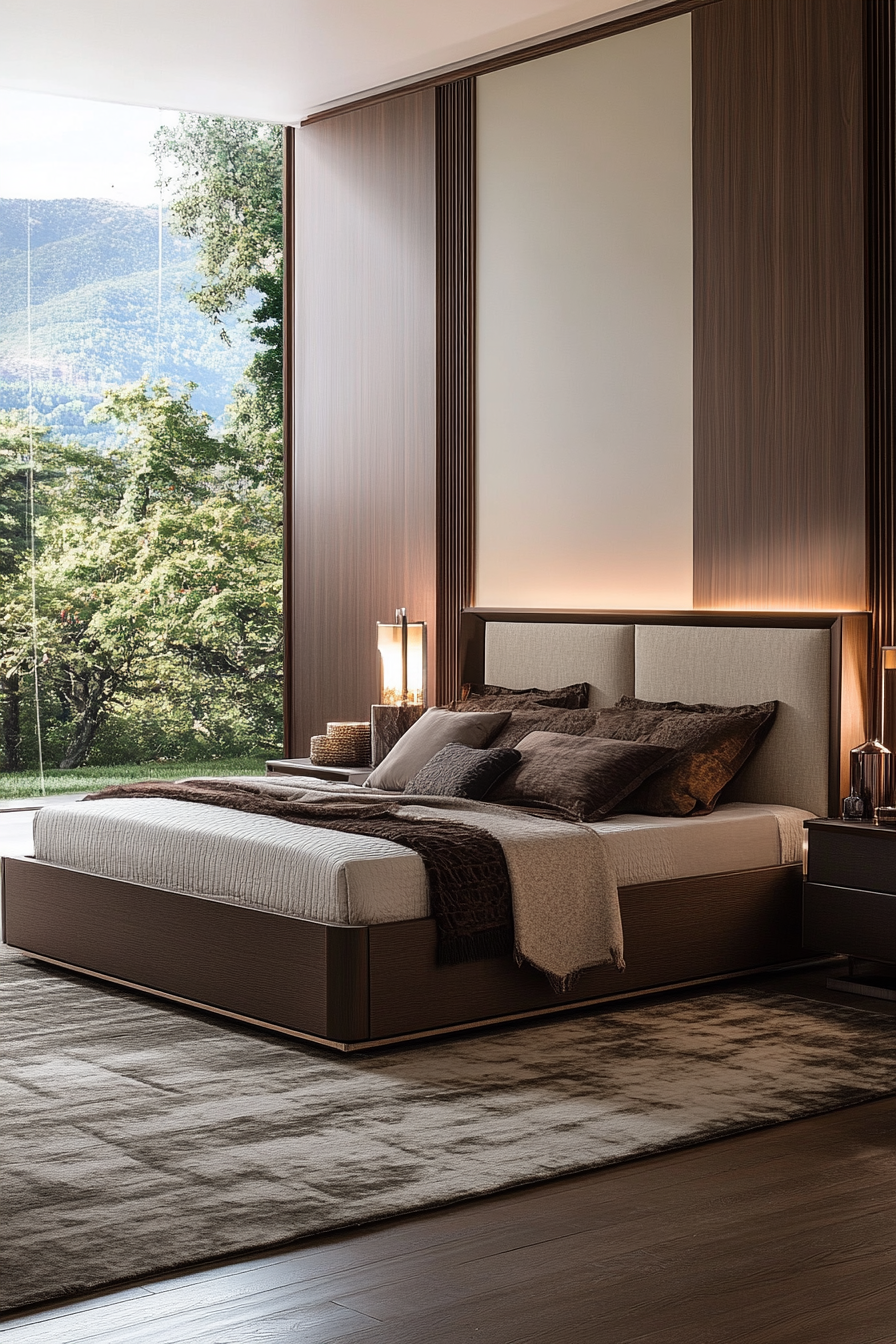 [Low-profile platform bed with upholstered headboard]