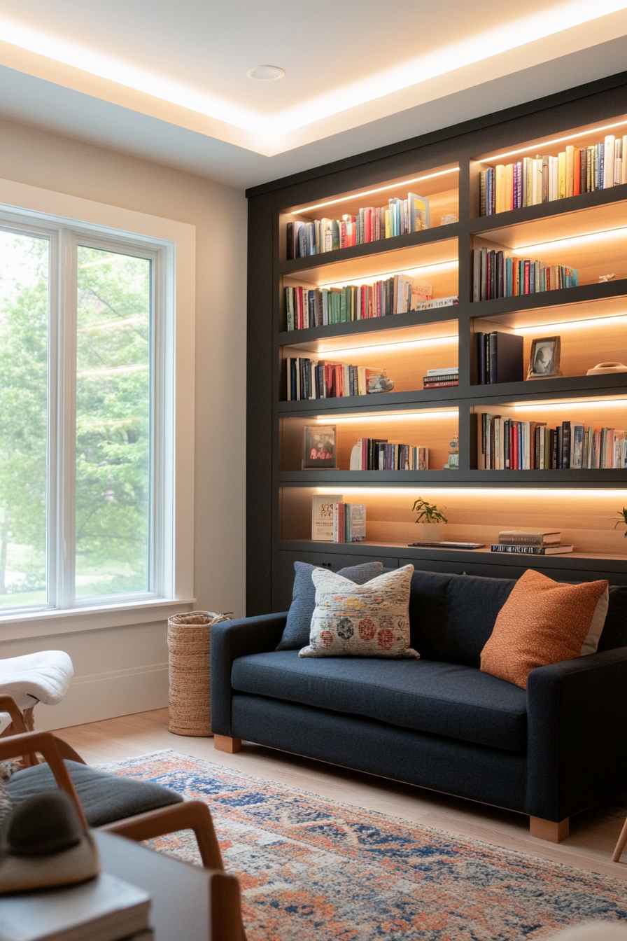 Built-in bookshelves with accent lighting