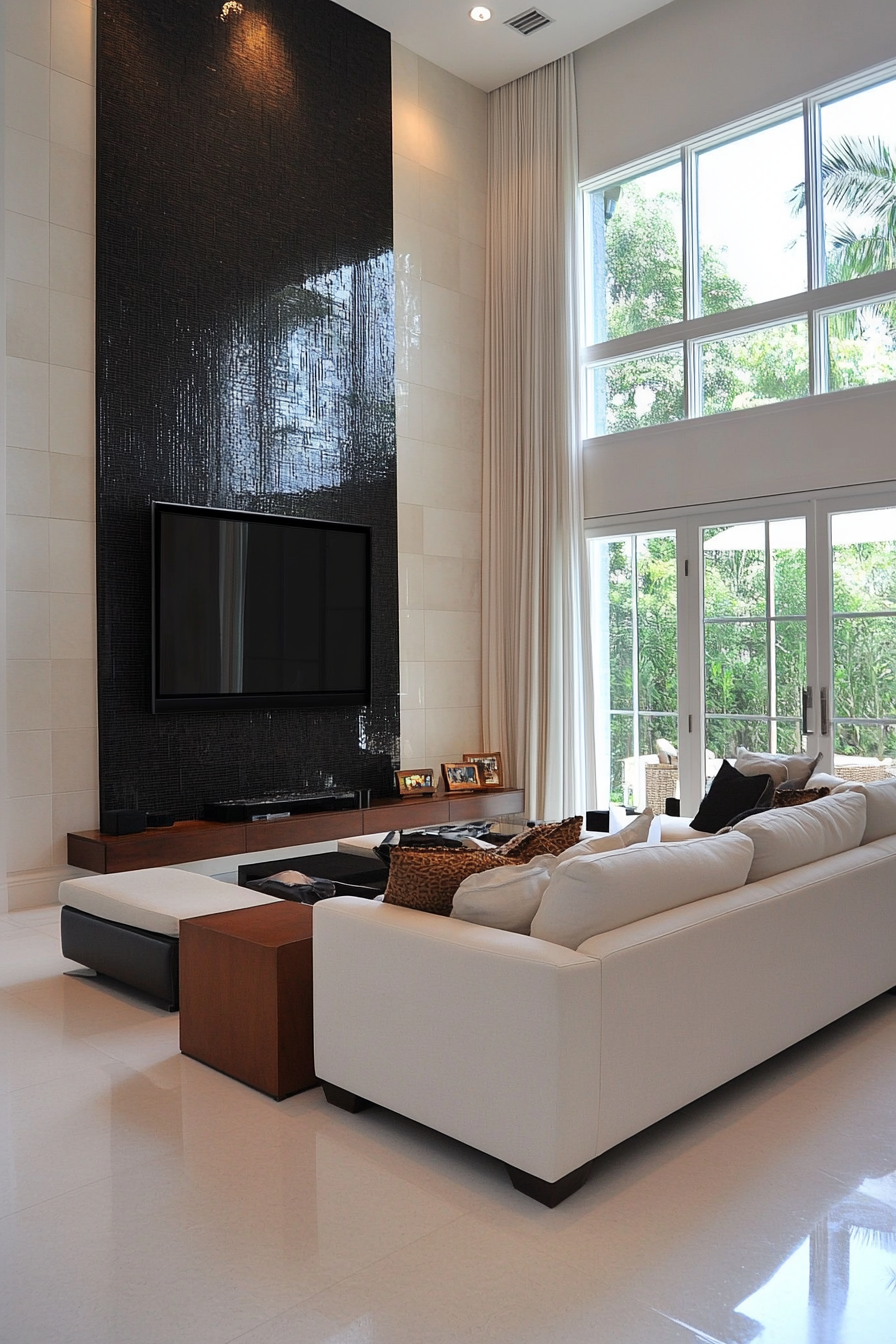 Glossy tile accent wall with modern sheen