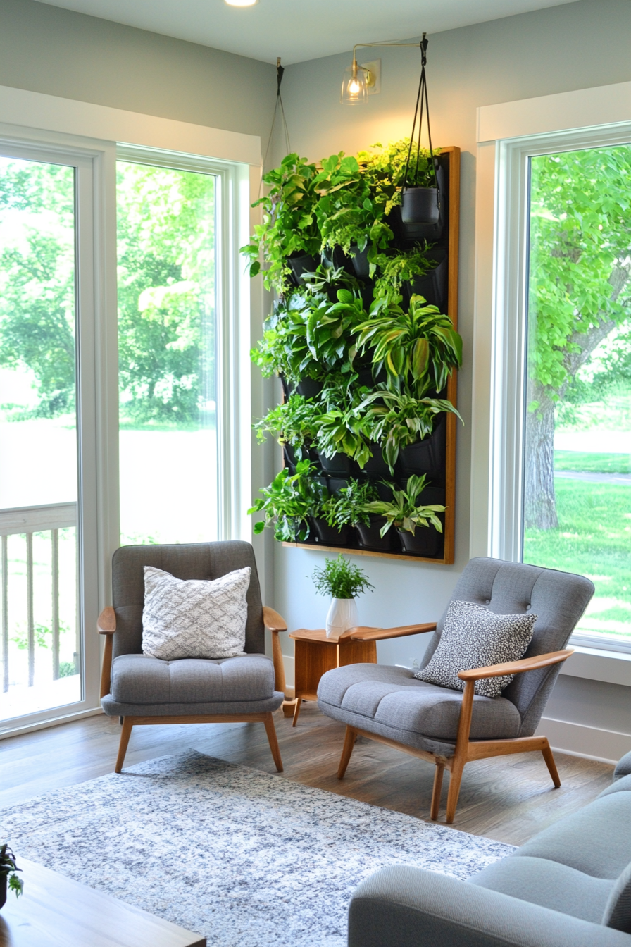 Vertical garden wall with hanging plants accent