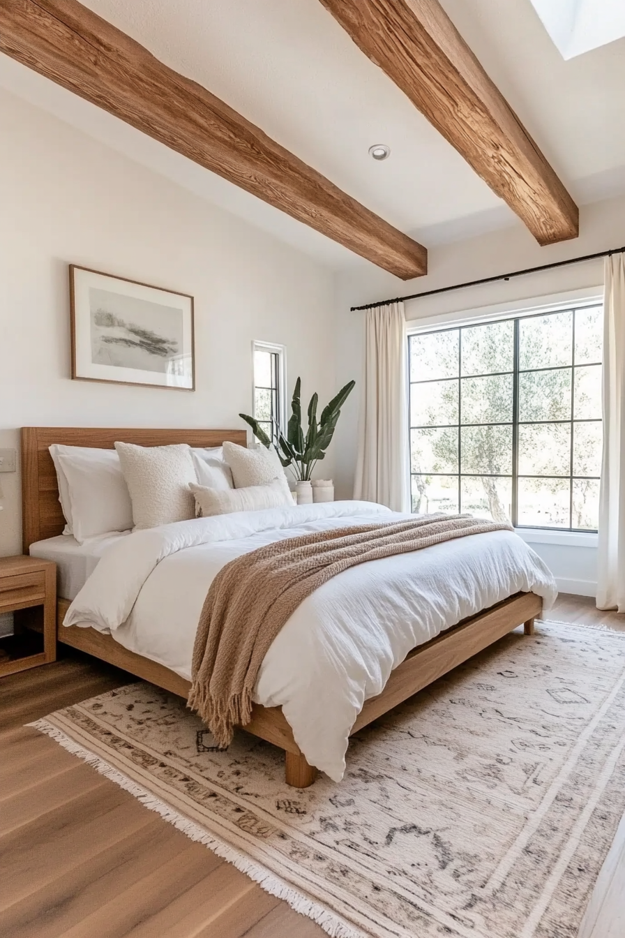 Neutral bedroom with organic wood elements