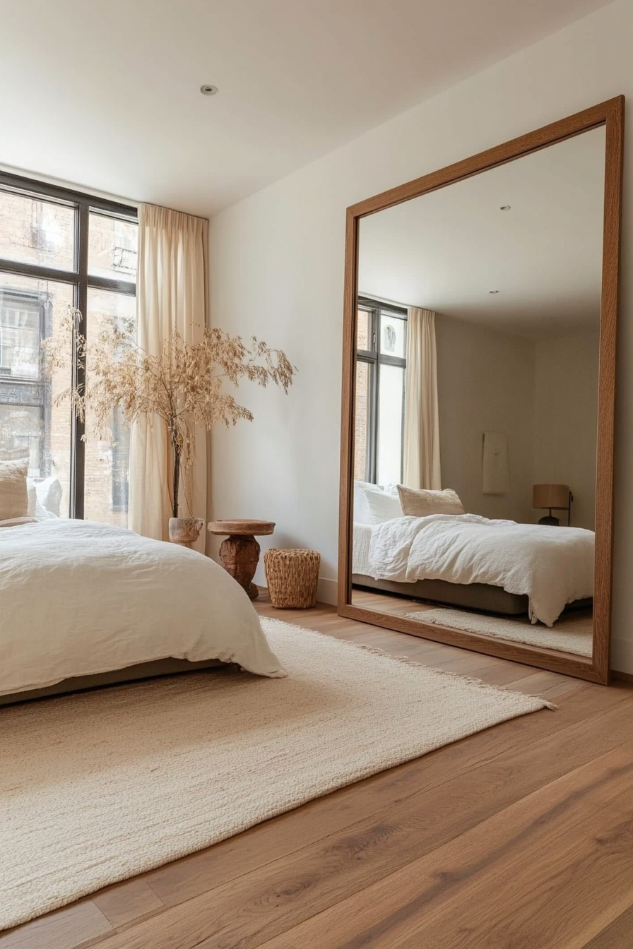 Minimal bedroom with large frameless mirror