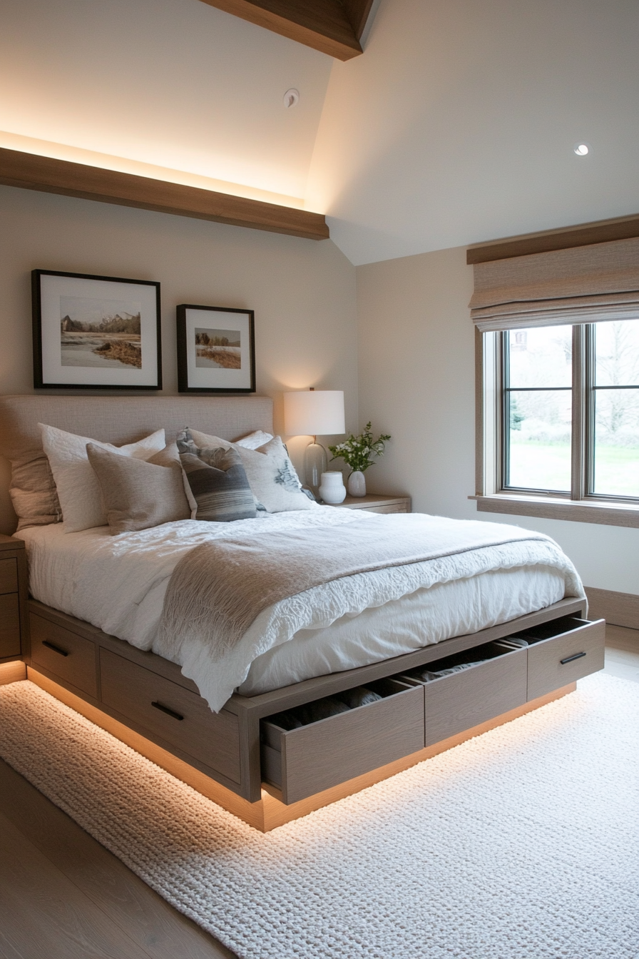Minimal bedroom with concealed storage solutions