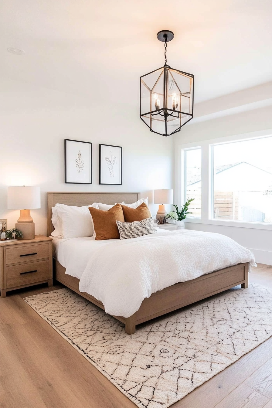 Minimalist bedroom with an eye-catching light fixture