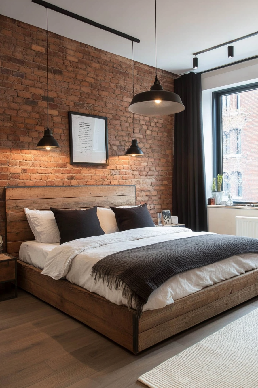 Reclaimed wood headboard with exposed brick walls in a cozy bedroom