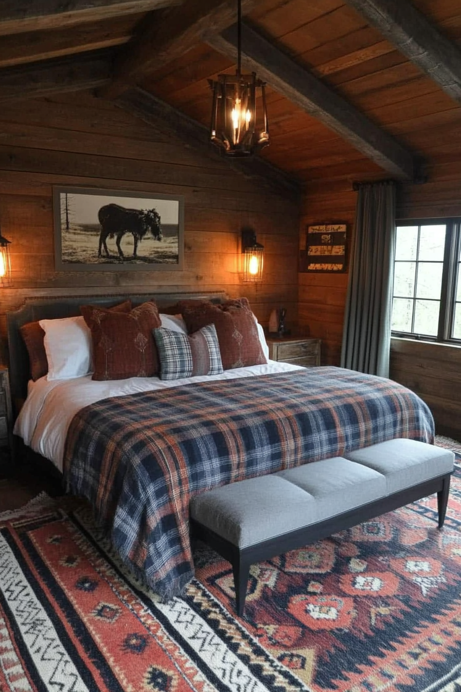 Distressed wood furniture paired with plaid flannel bedding