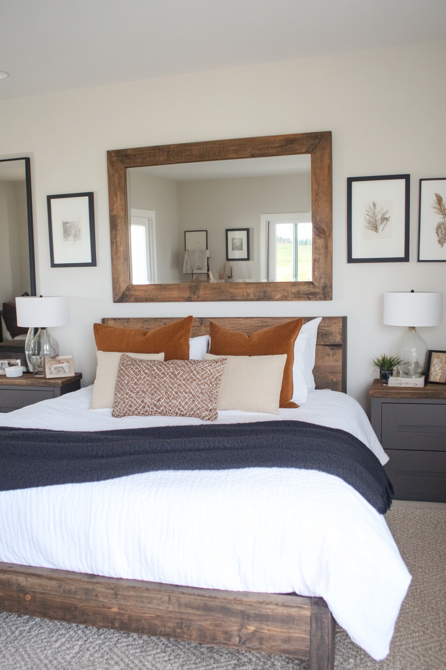 Aged mirror framed with reclaimed barn wood in a rustic bedroom