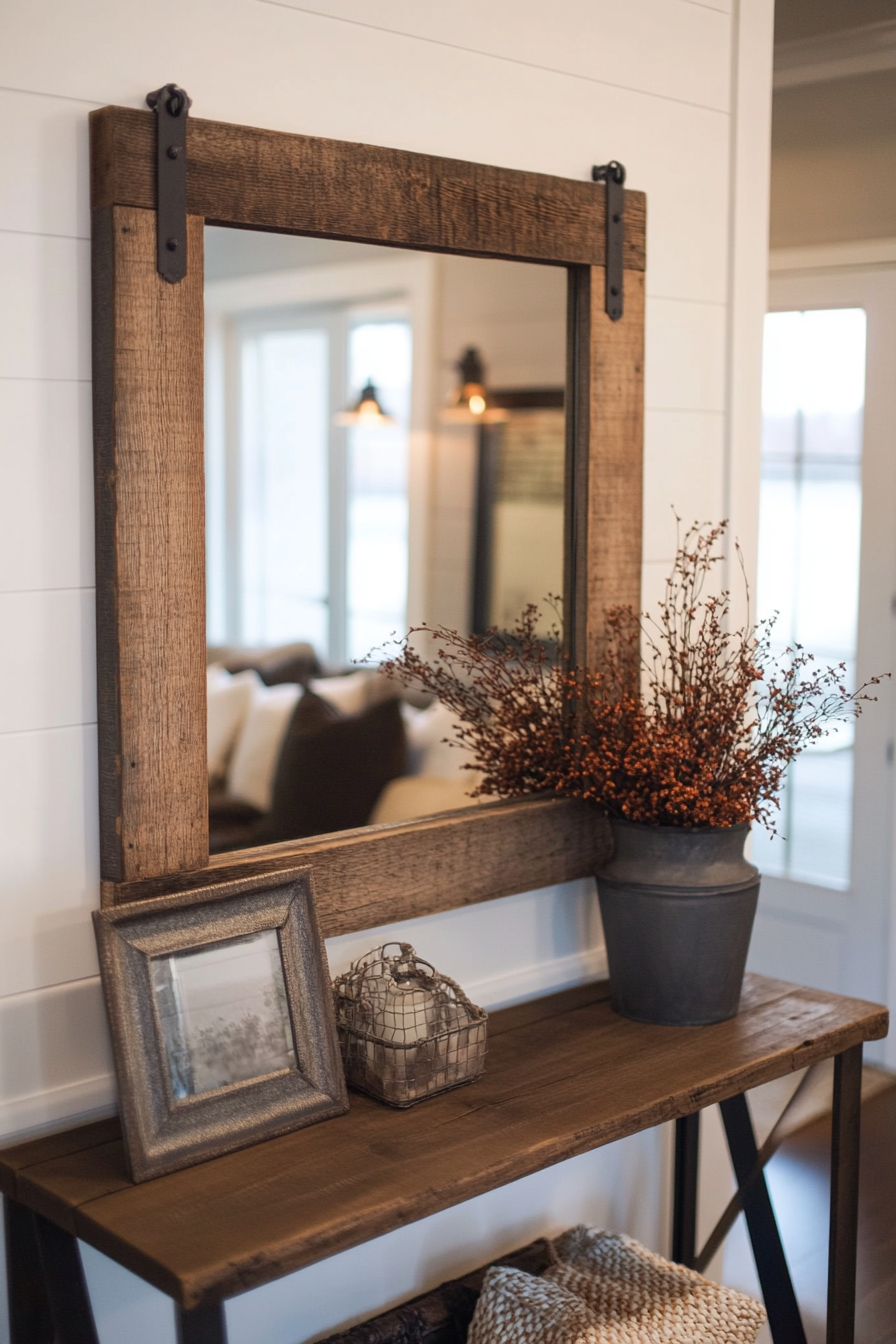 Close-up of reclaimed wood framing an aged mirror