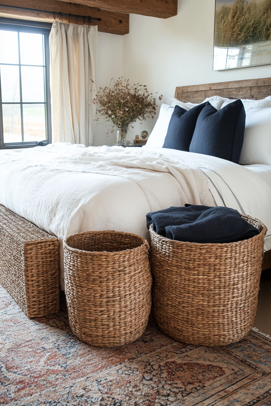 Wicker baskets used for rustic storage in a bedroom