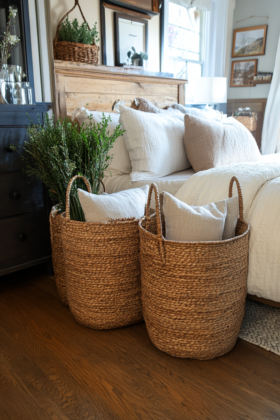Close-up of wicker baskets holding bedroom items