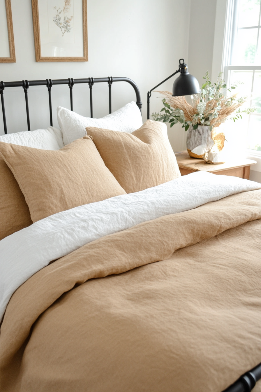 Natural linen bedding paired with vintage iron accents