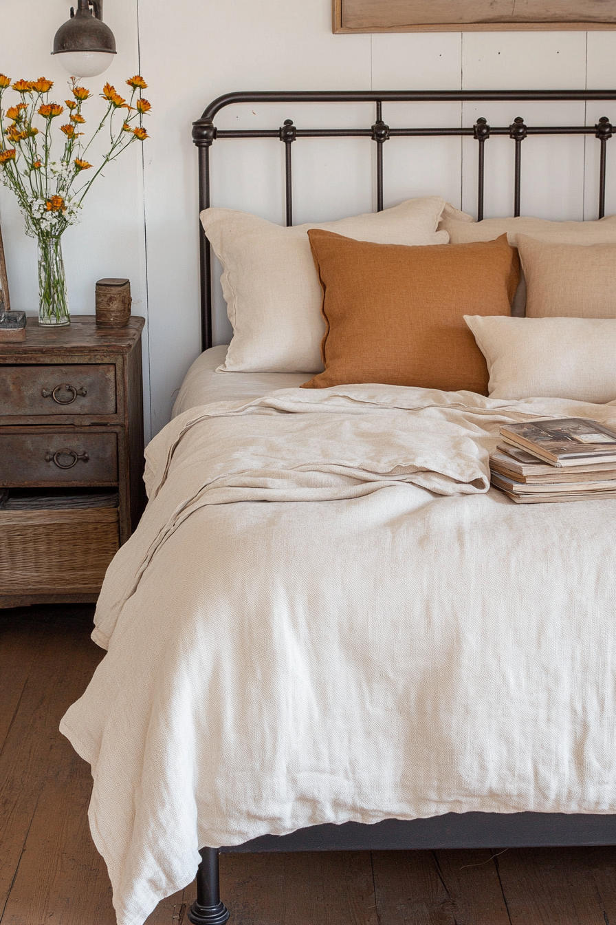 Detailed look of linen bedding and iron bedframe