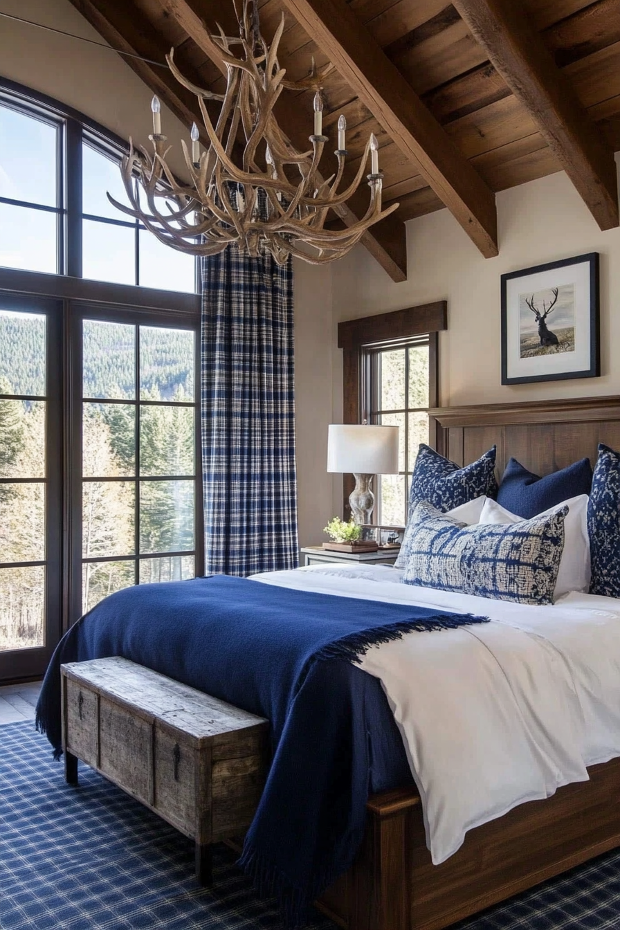 Close-up view of an antler chandelier above a wooden bed