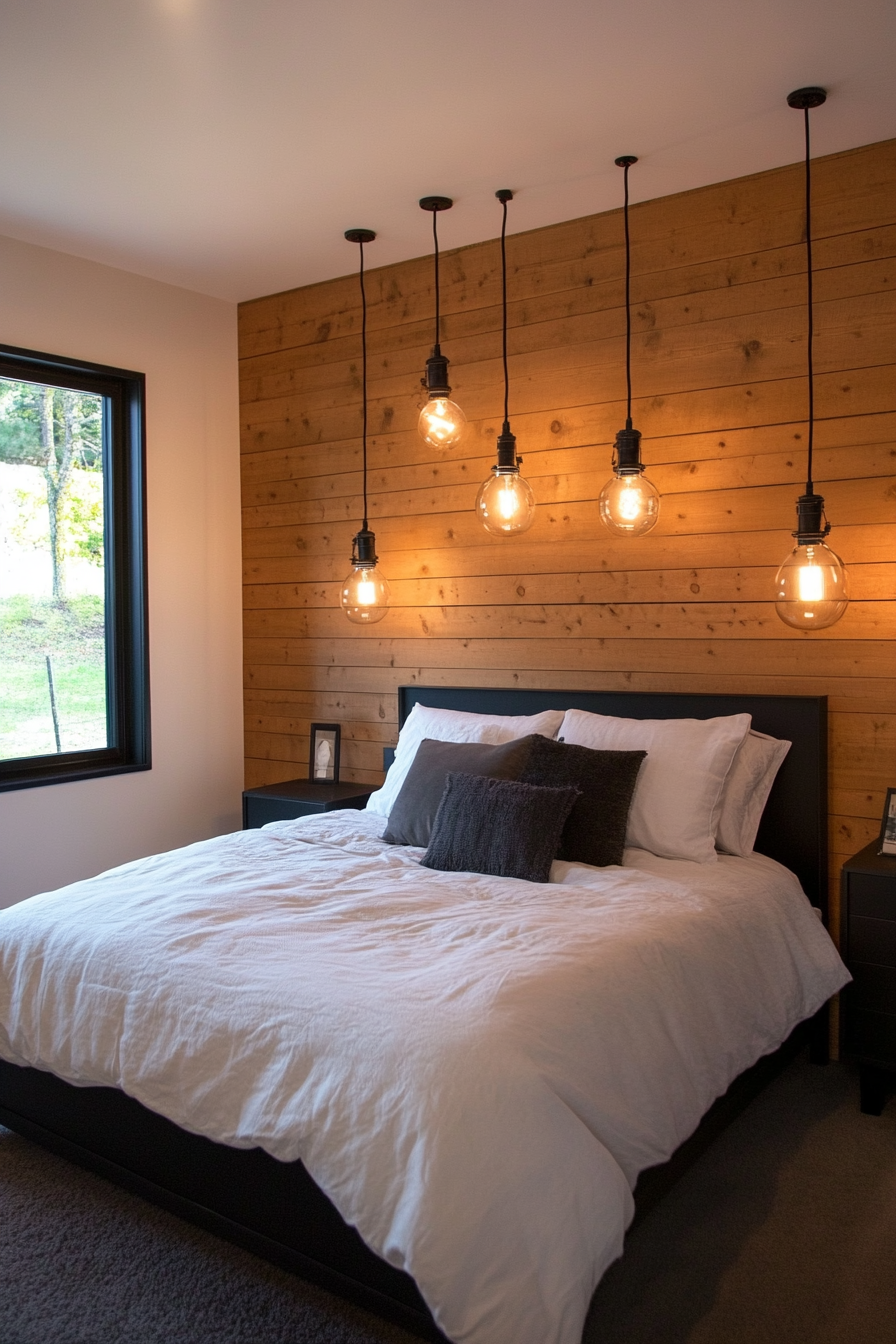 Hanging Edison lights against wood-paneled walls