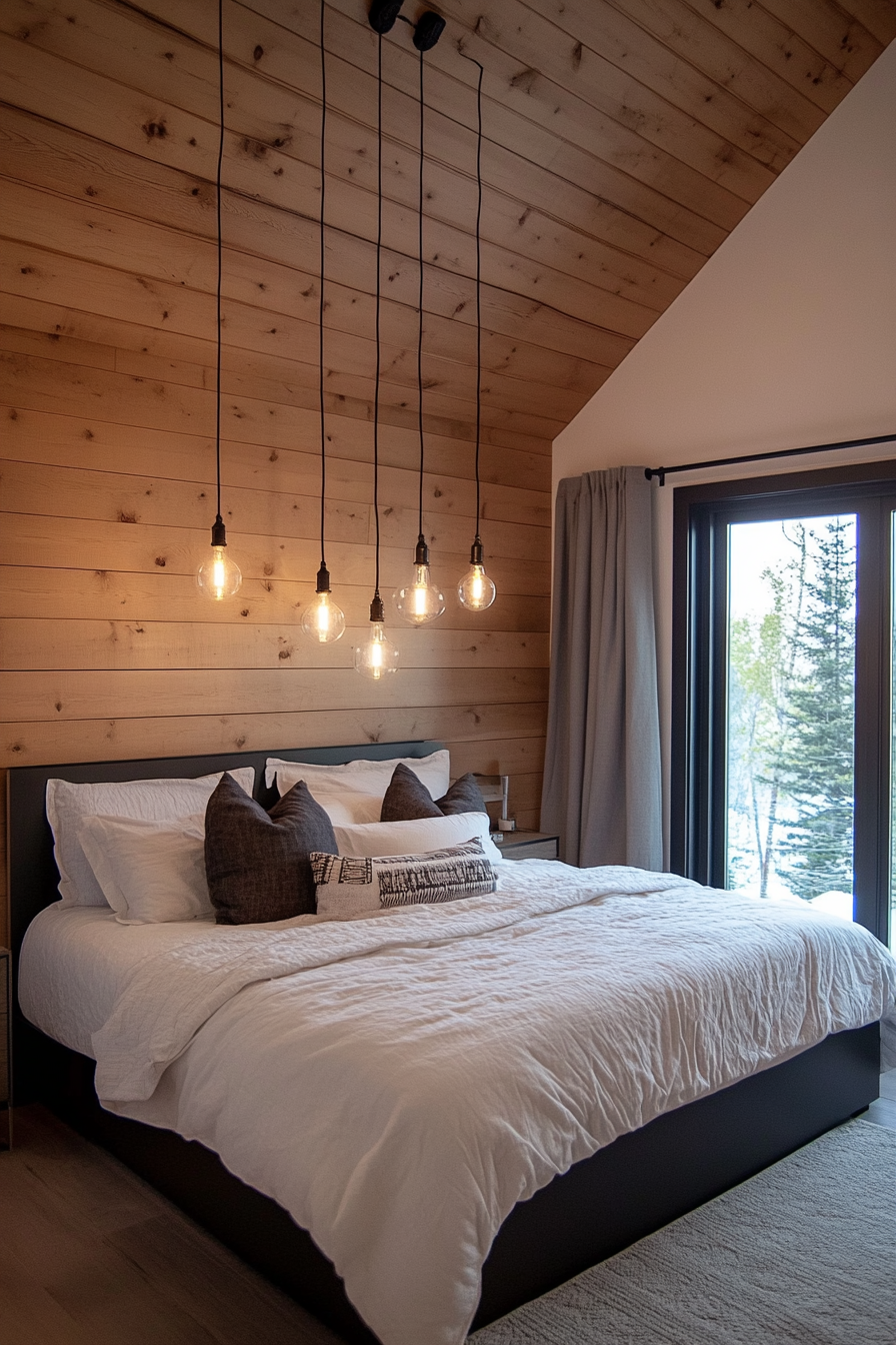 Edison bulbs hanging in front of rustic wood paneling