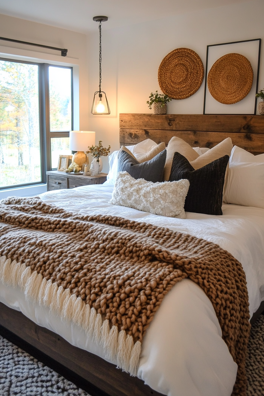Cozy knitted throw and farmhouse pillow arrangement