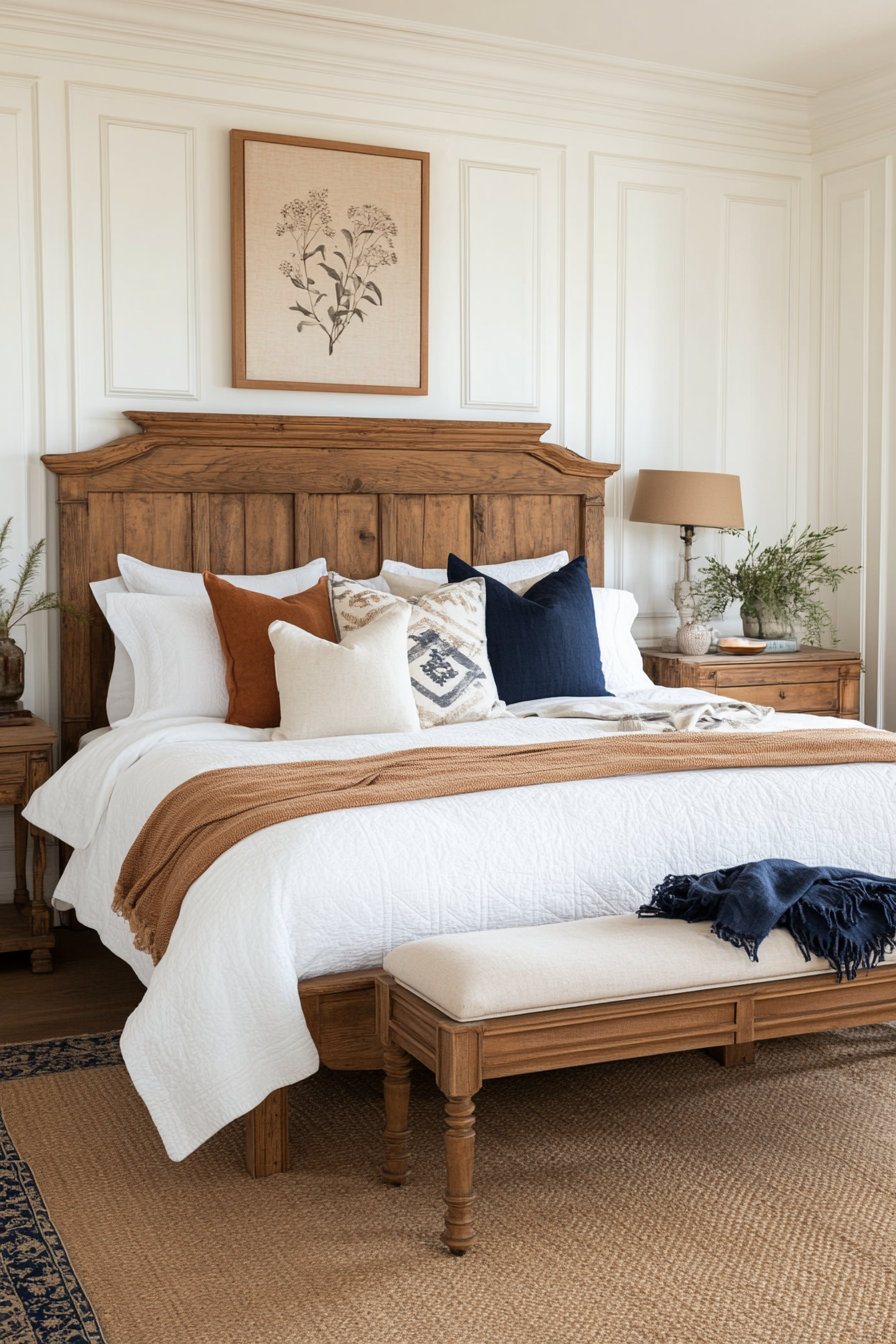 Rustic bench placed at the foot of a vintage bed