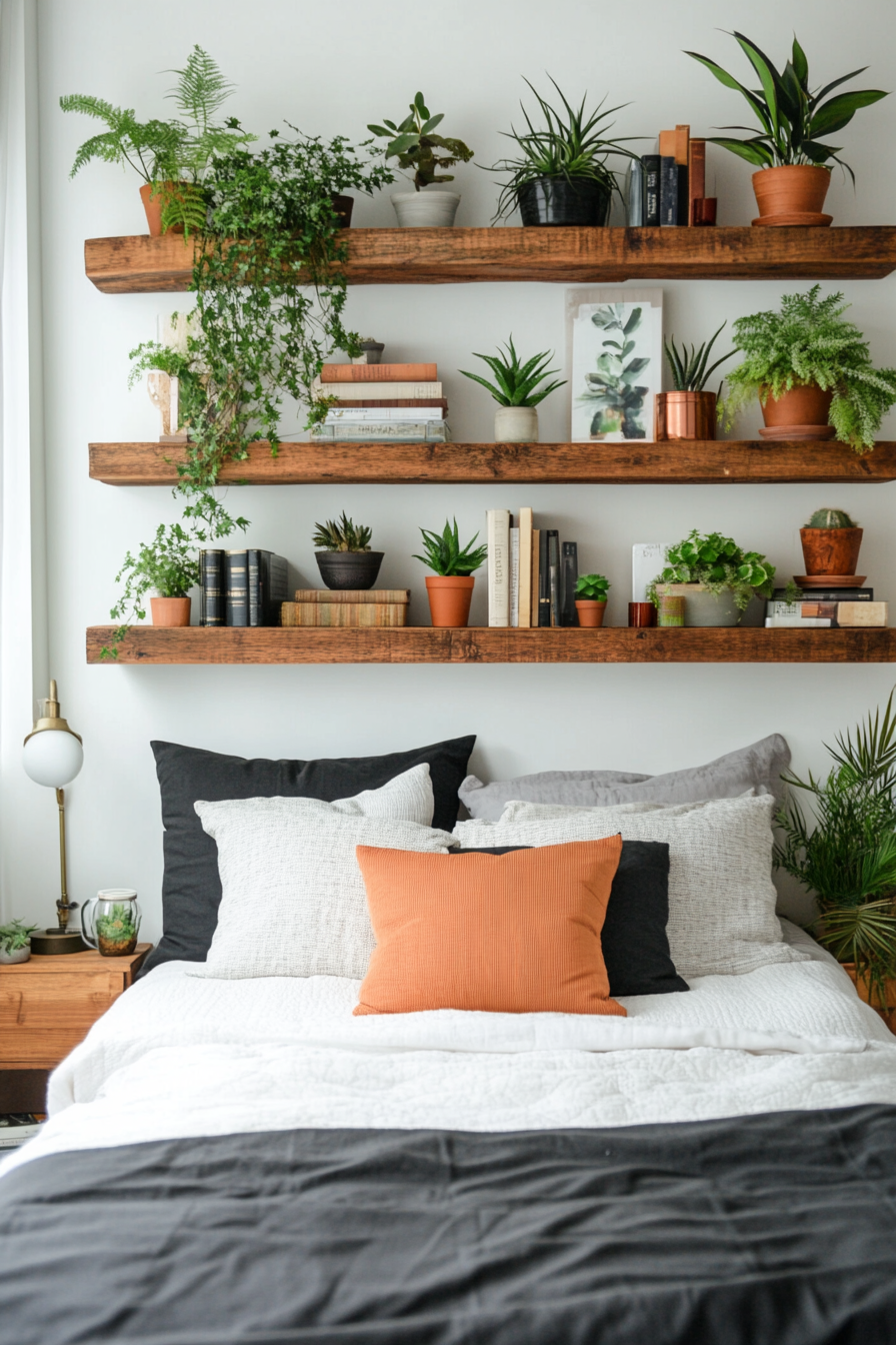 Raw wood shelving showcasing small potted plants
