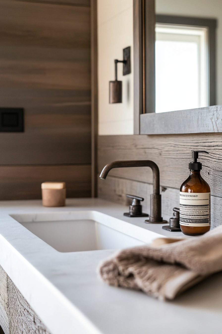 Weathered wood vanity with vintage bronze faucet