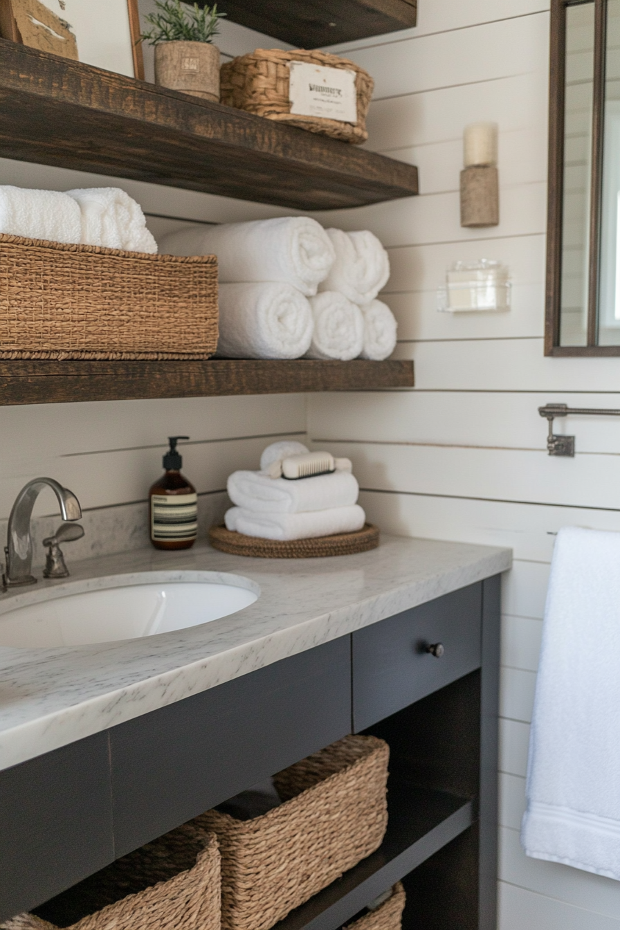 Open shelving with farmhouse-style decor accents