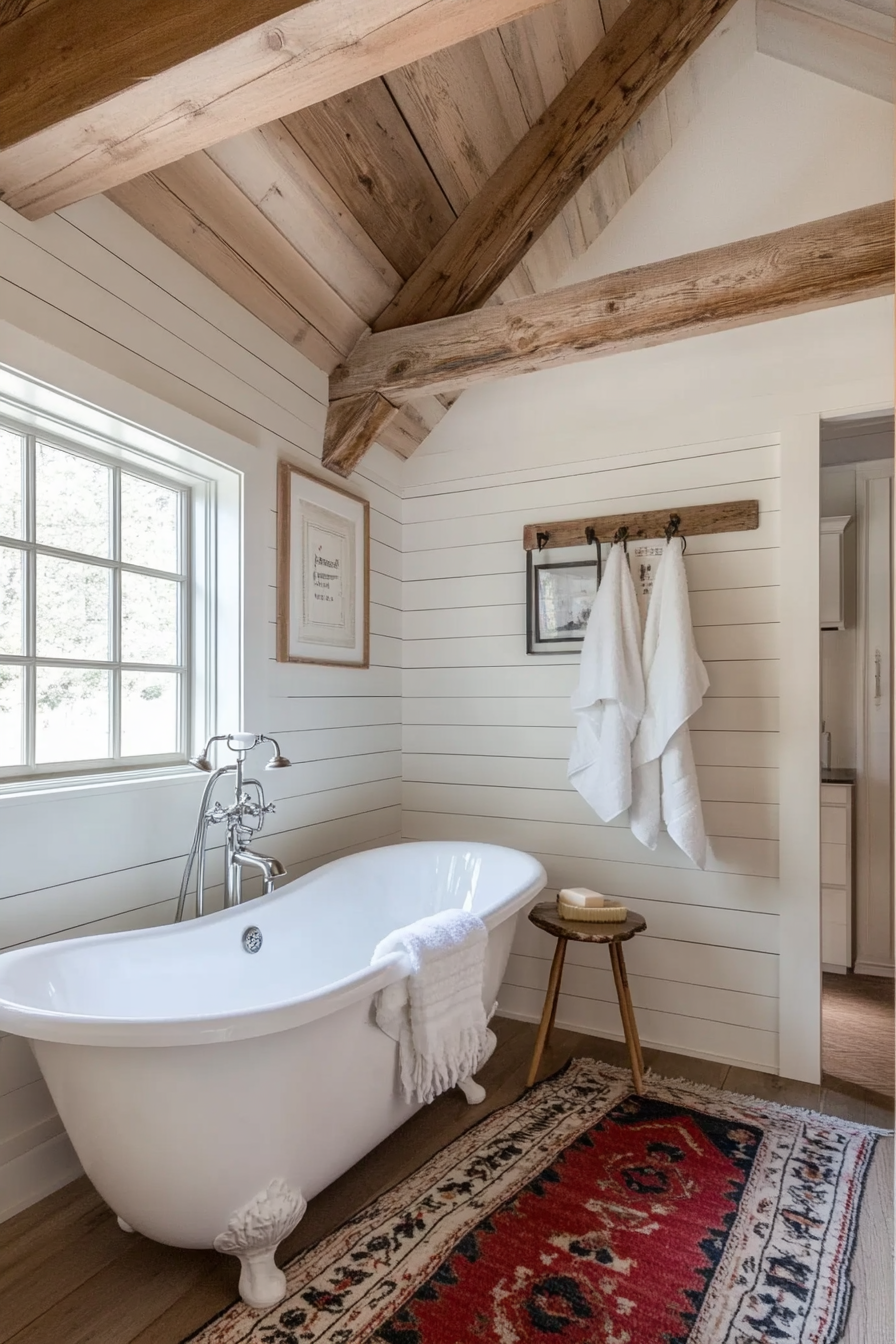Exposed wooden beams and whitewashed shiplap walls