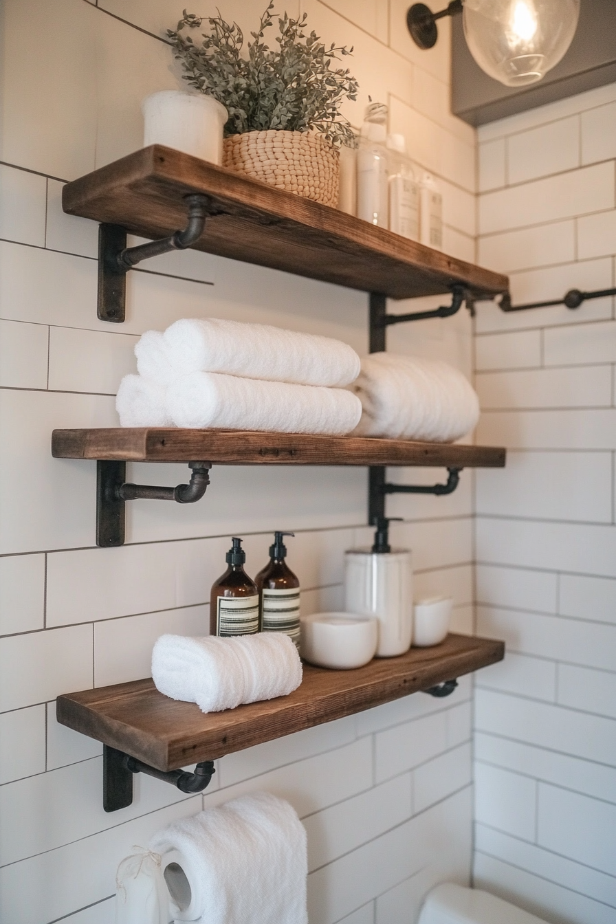 Galvanized metal accents with distressed wood shelves
