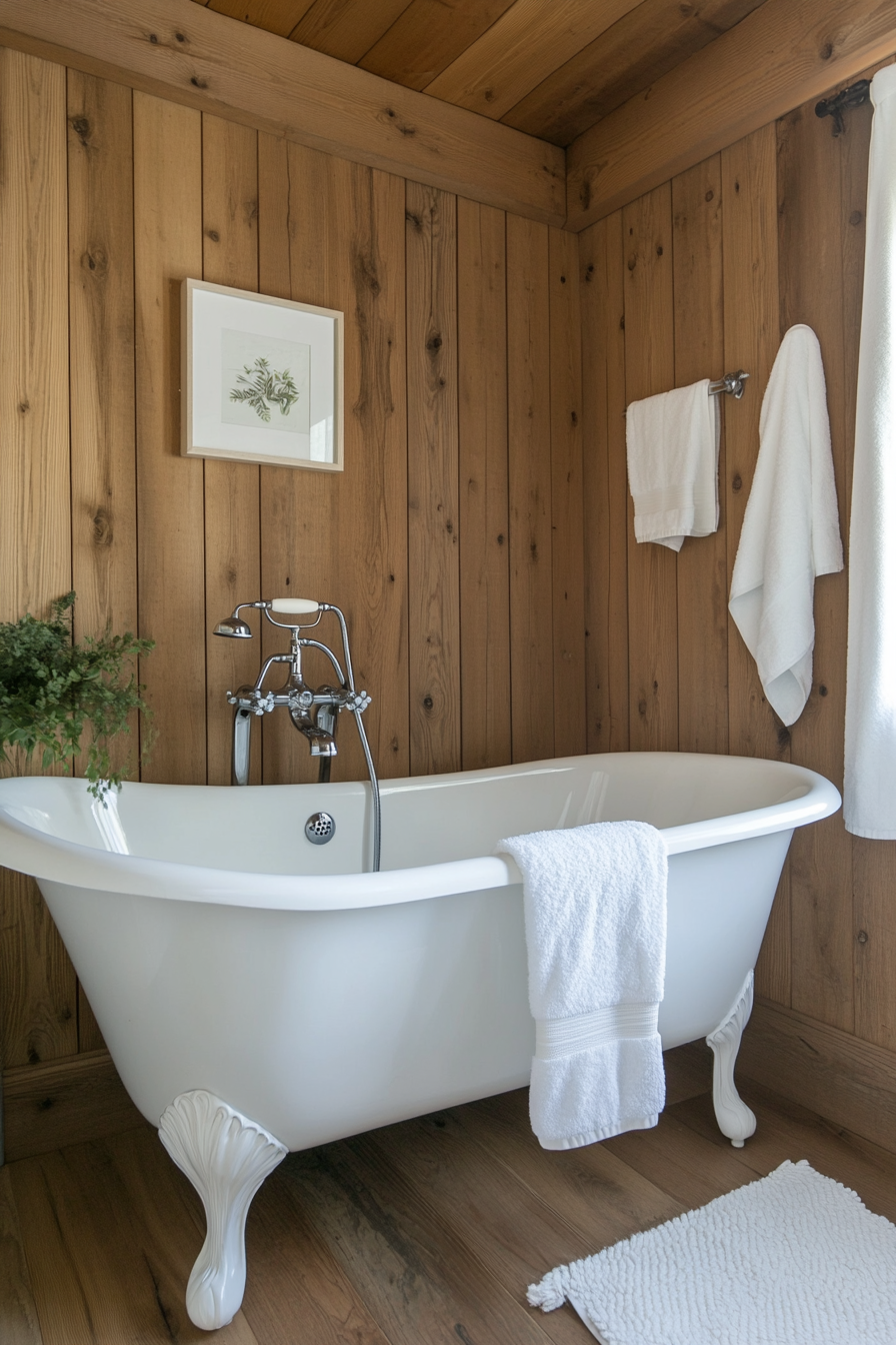 Clawfoot tub with rustic wood plank backdrop