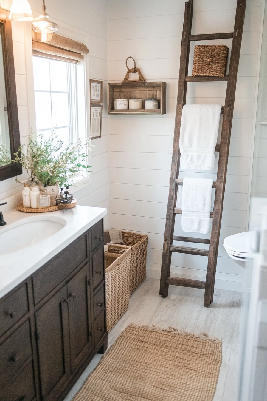 Antique ladder towel rack and woven baskets