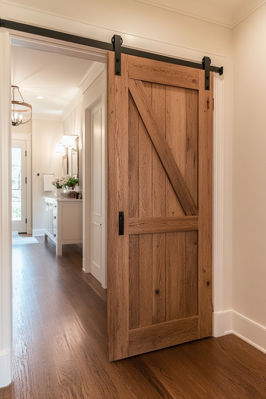 Barn-style sliding door with reclaimed wood