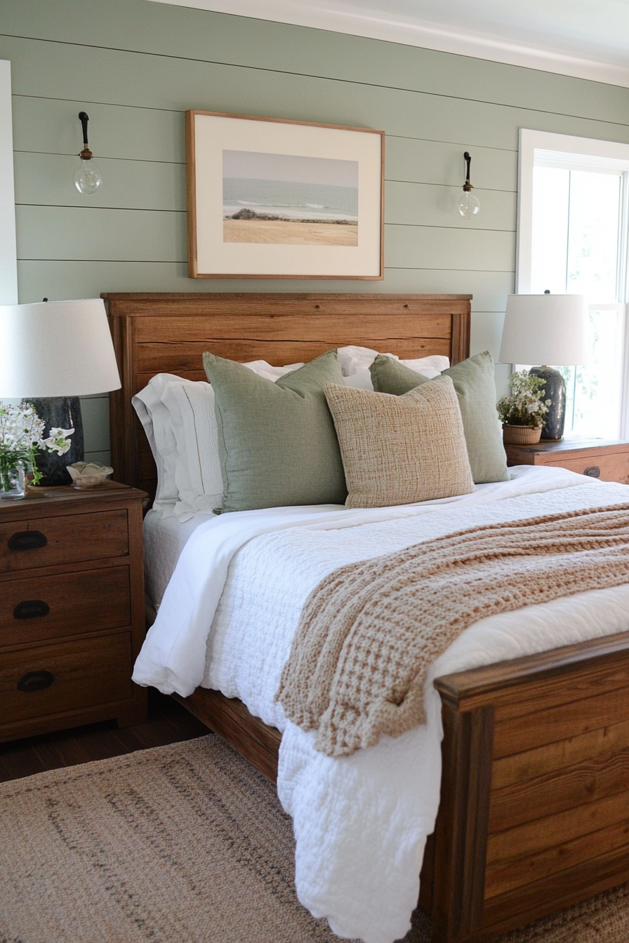 Sage green shiplap walls for a rustic farmhouse bedroom