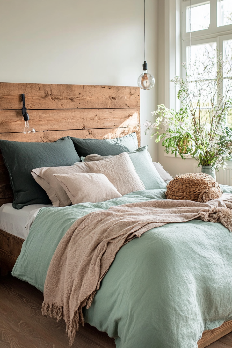 Reclaimed wood headboard paired with sage bedding