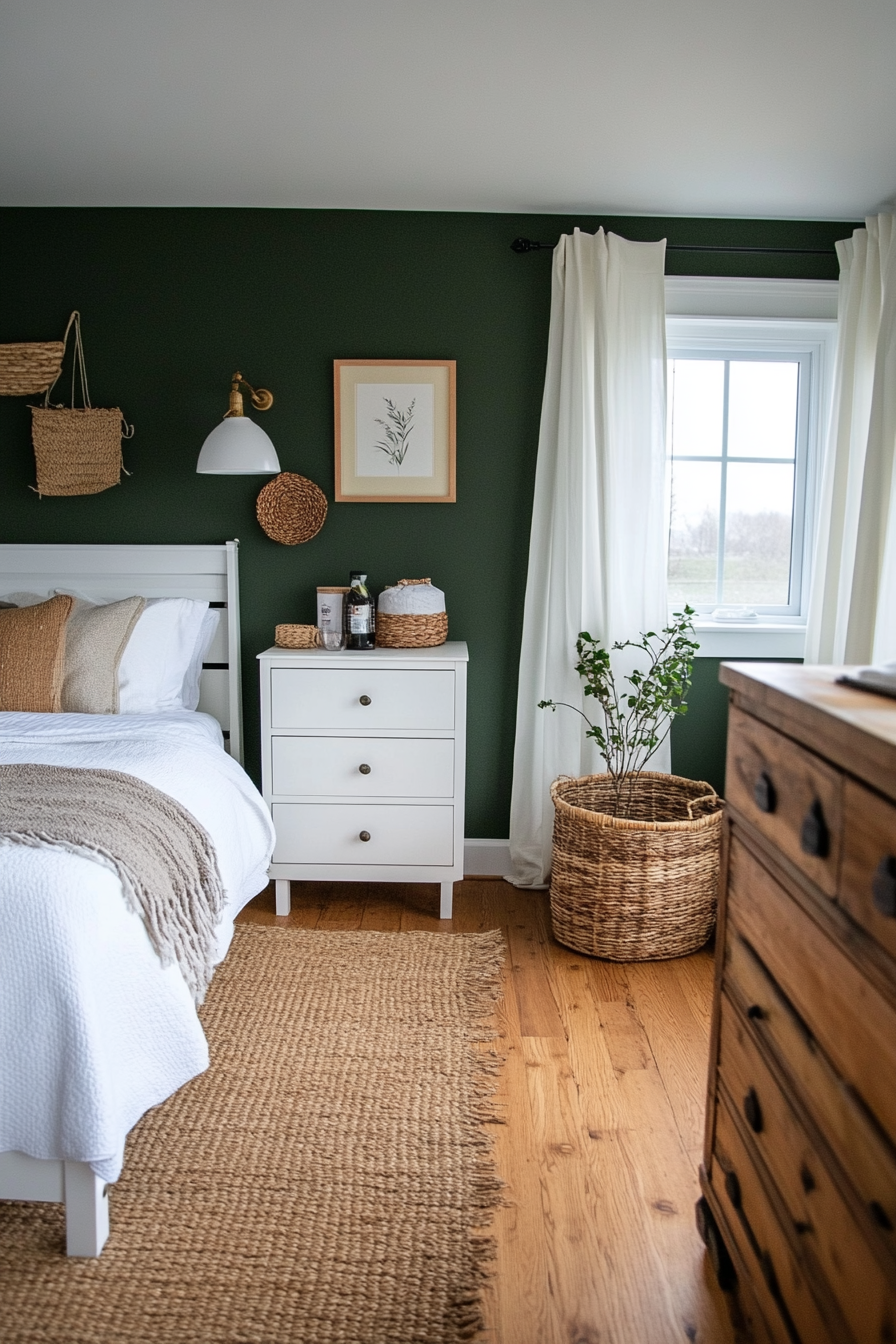 Sage accent wall behind white farmhouse bedroom furniture