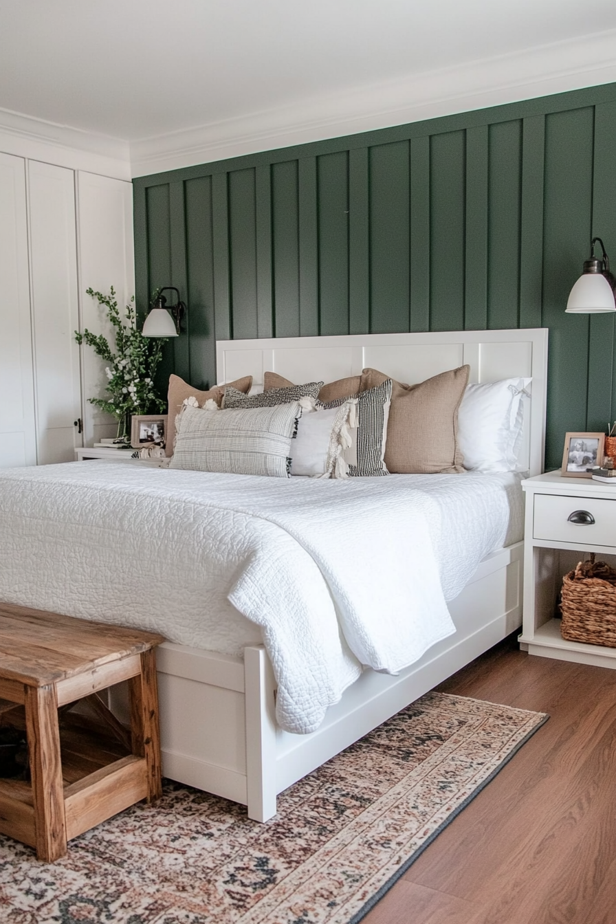 Close-up of white furniture against sage accent wall