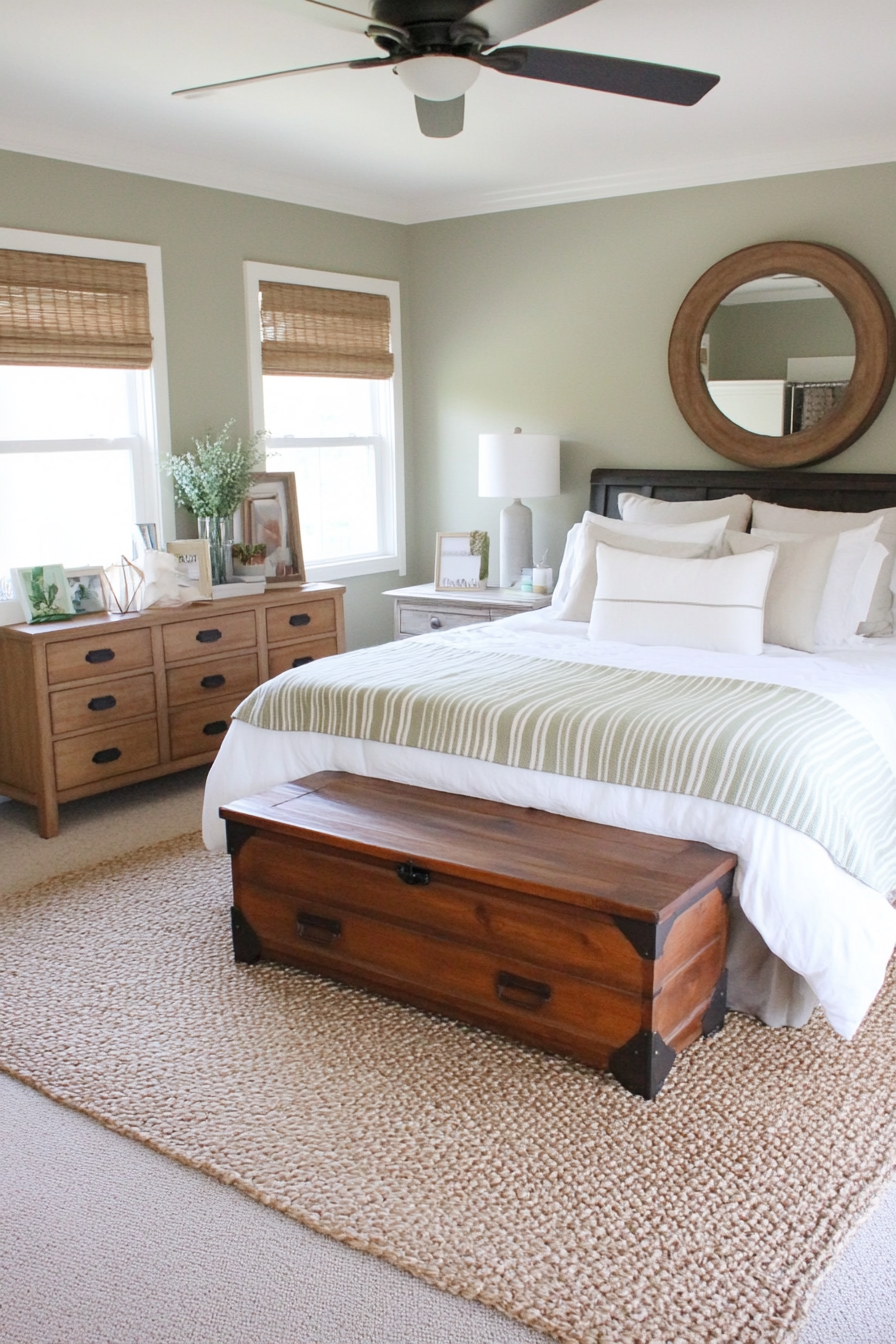 Sage green and beige striped throw pillows on a farmhouse bed