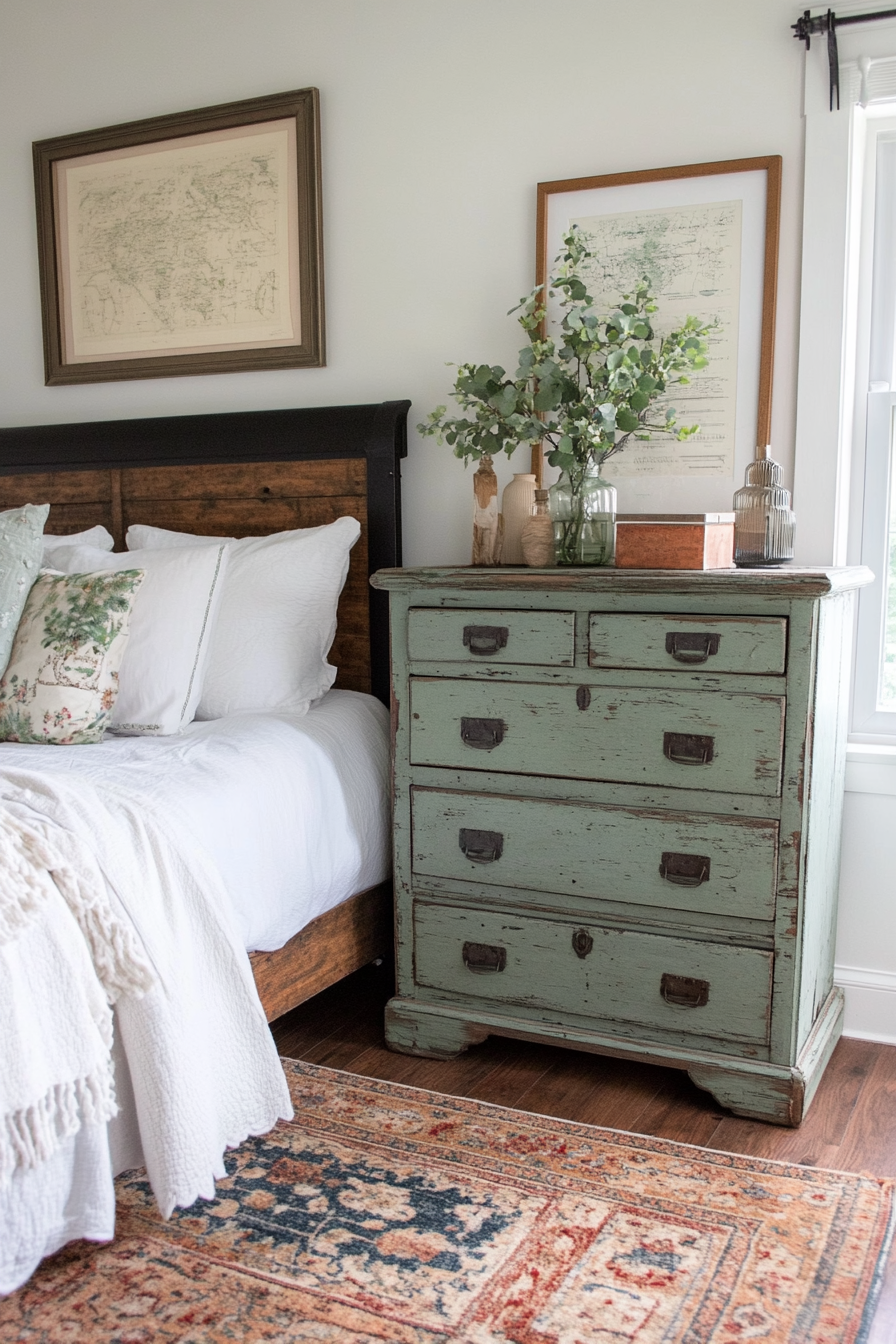 Vintage accents in soft sage green tones