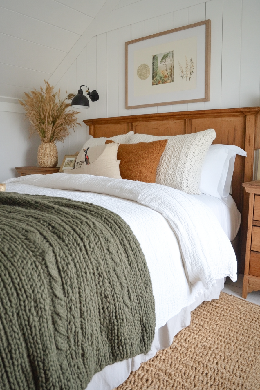 Closer look at mixed sage and cream bed textiles