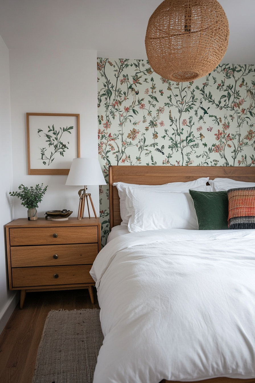 Sage green floral wallpaper as an accent wall in a farmhouse bedroom