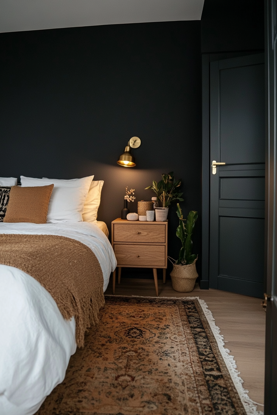 Dark walls with soft golden lighting in a small moody bedroom