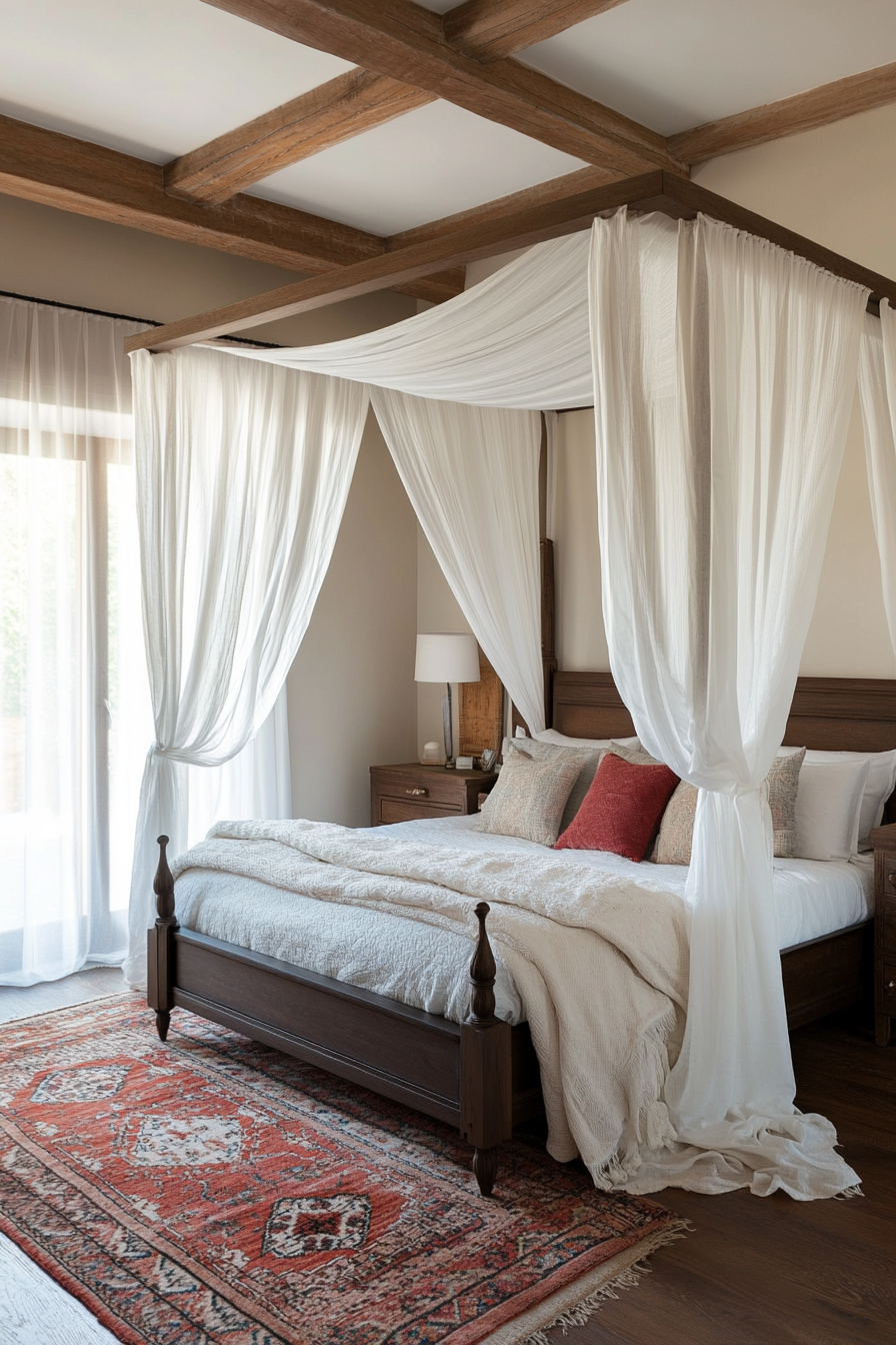 Dark canopy bed with sheer drapes in a small moody bedroom