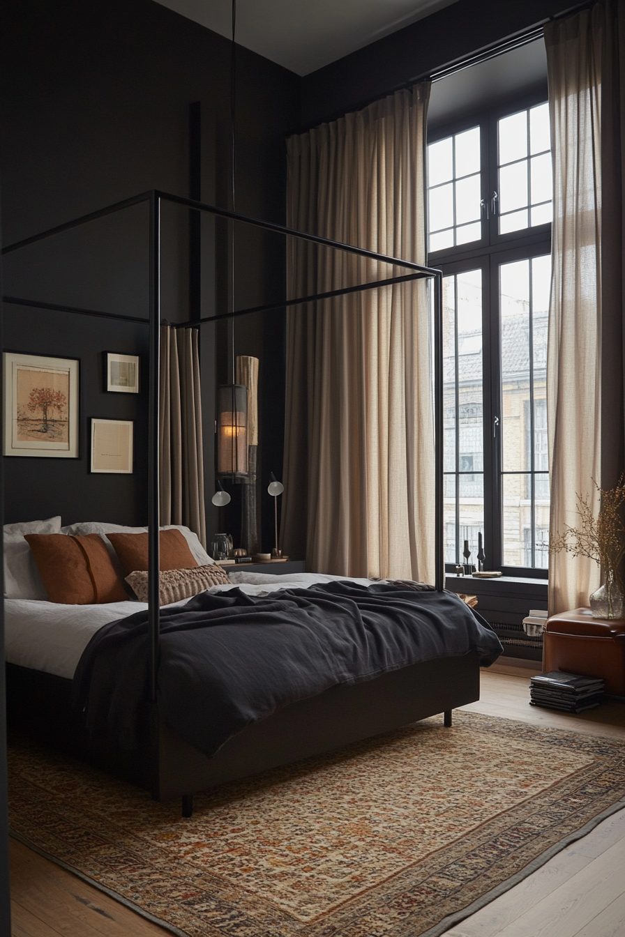 Dark canopy bed with sheer drapes in a small moody bedroom